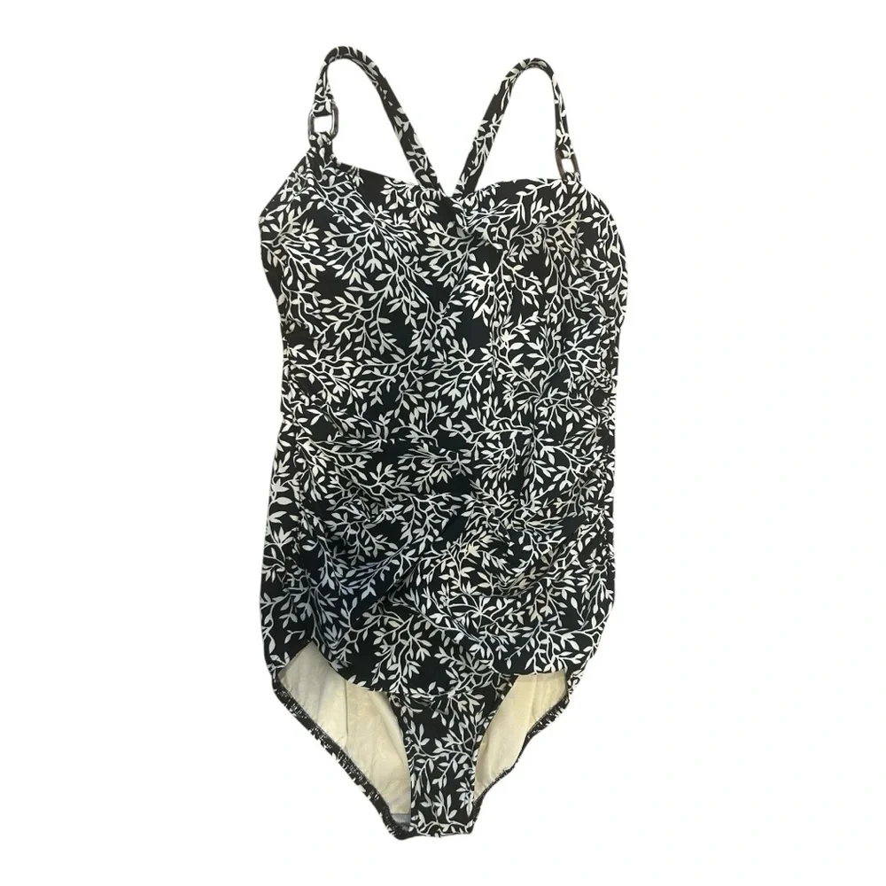 Lands' End Swimsuit Tank Plus 18W Padded Shelf Bra Side Ruching Black Leaf Print - Picture 1 of 7